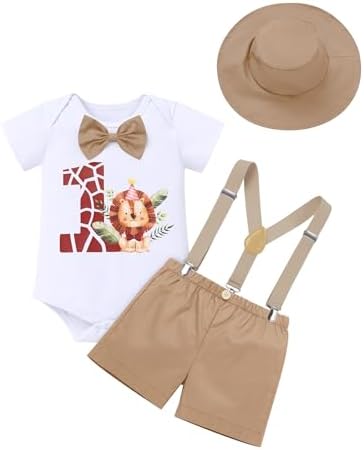 IMEKIS 1st Birthday Outfit Jungle Safari AnimalRomper Suspenders Hat