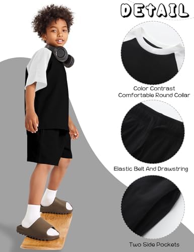 COZYPOIN Boys Girls 2-Piece Summer Outfit - Raglan Crewneck T-Shirt Shorts