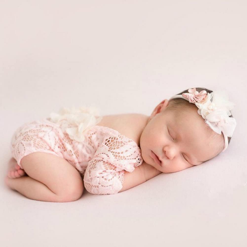 Vemonllas Baby Girls Floral Headband Romper Photo Prop Set