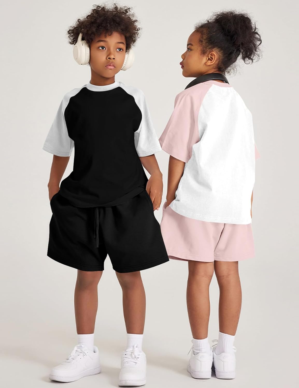 COZYPOIN Boys Girls 2-Piece Summer Outfit - Raglan Crewneck T-Shirt Shorts