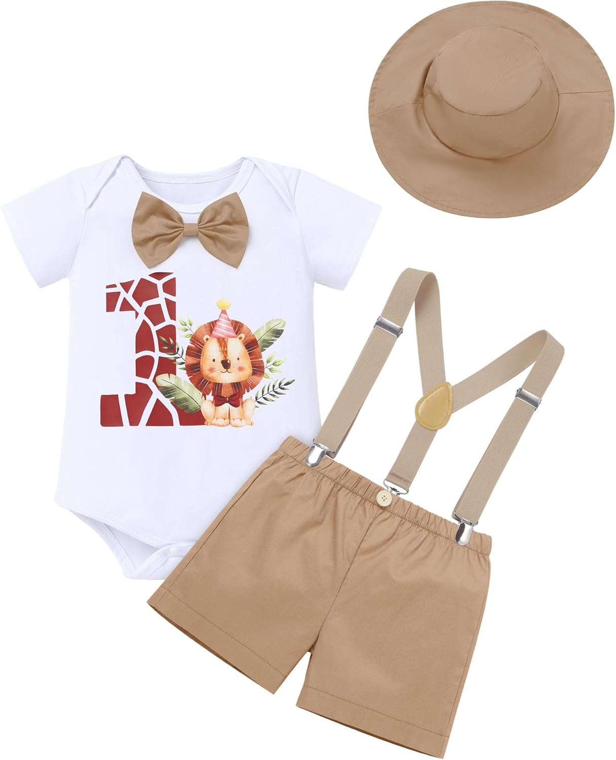 IMEKIS 1st Birthday Outfit Jungle Safari AnimalRomper Suspenders Hat