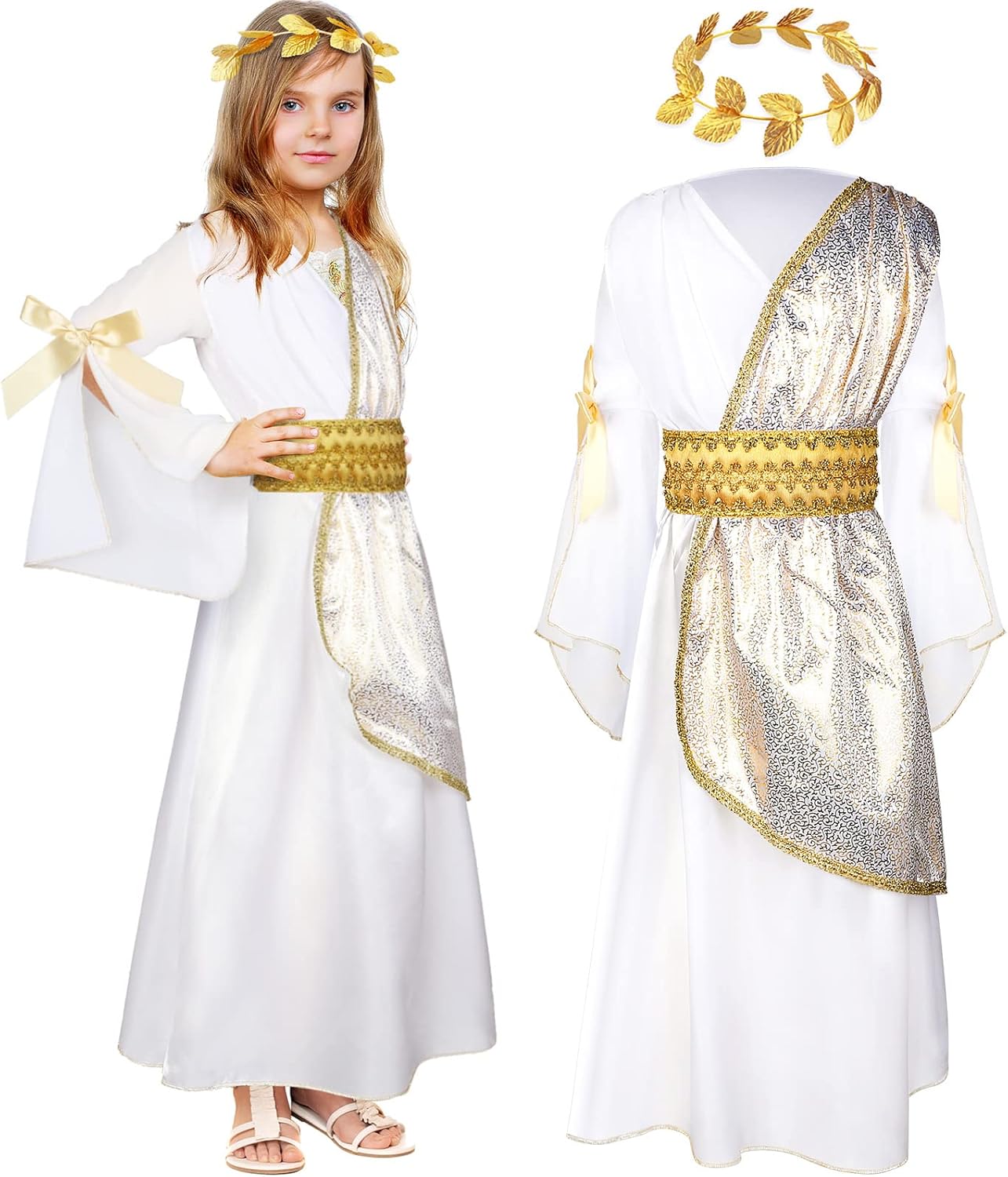 Geyoga 2-Piece Greek Toga Costume Girls Roman Crown with Leaf Wreath Halloween