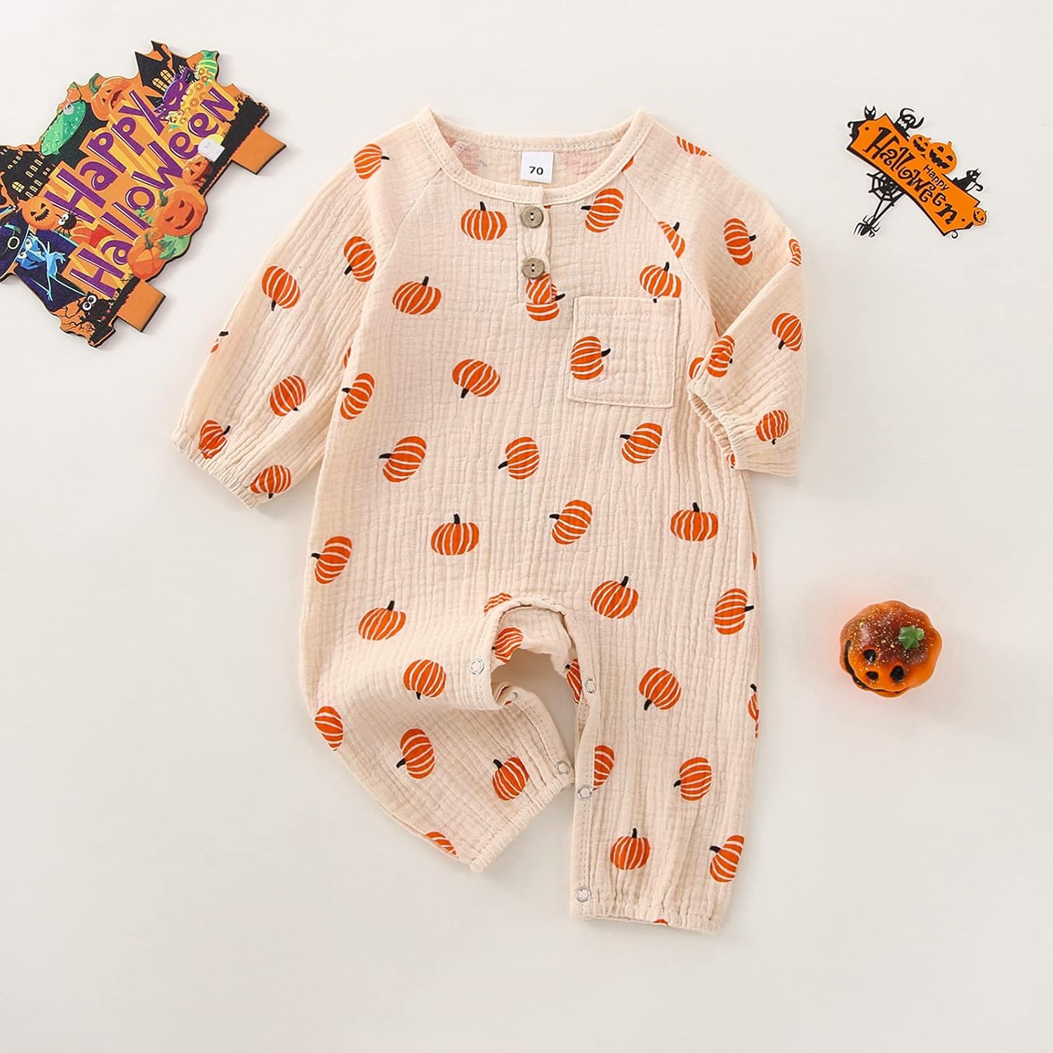 Halloween Baby Boy Girl Outfit Pumpkin Long Sleeve Onesie Romper Jumpsuit