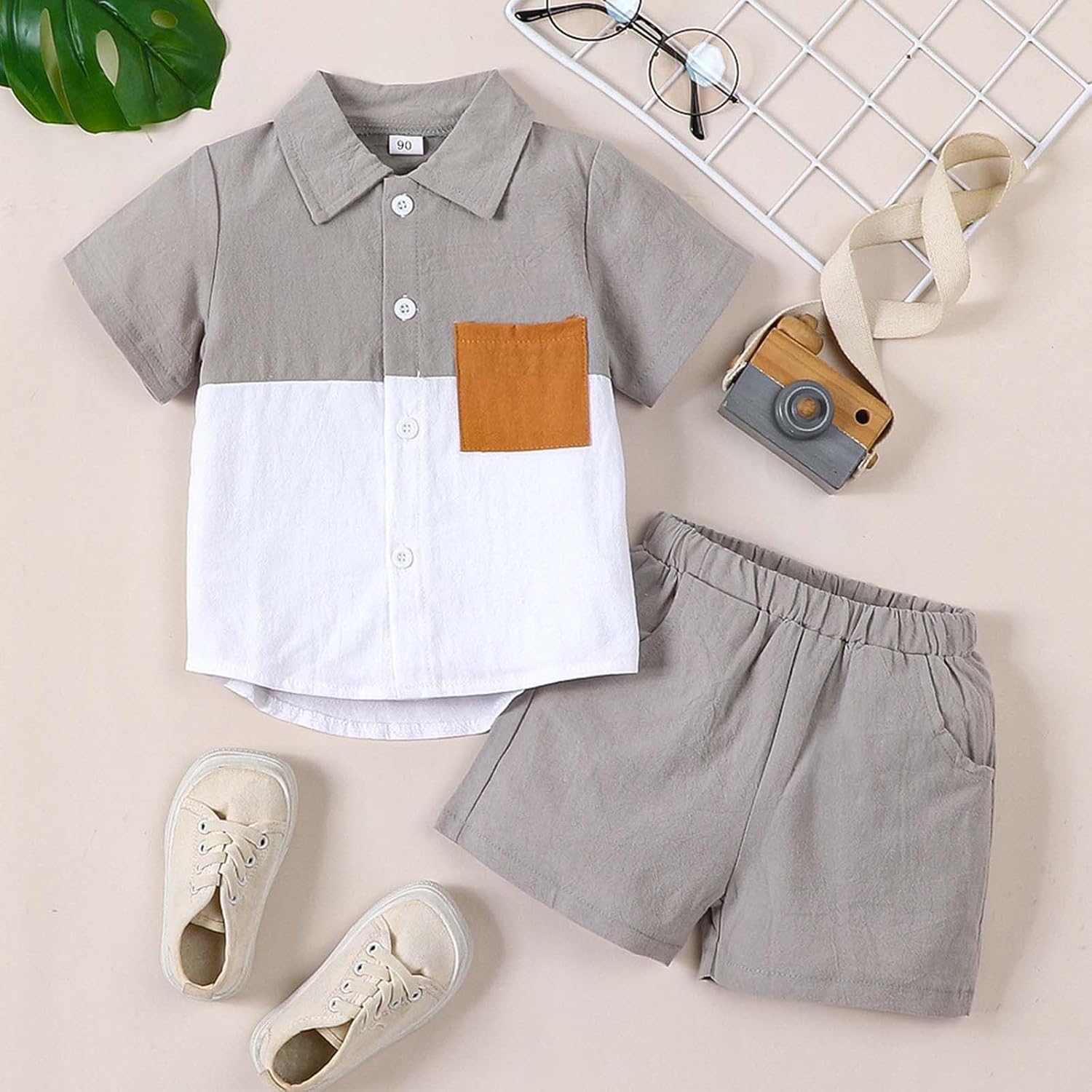 boys cotton-linen short sleeve shirt set 2 piece