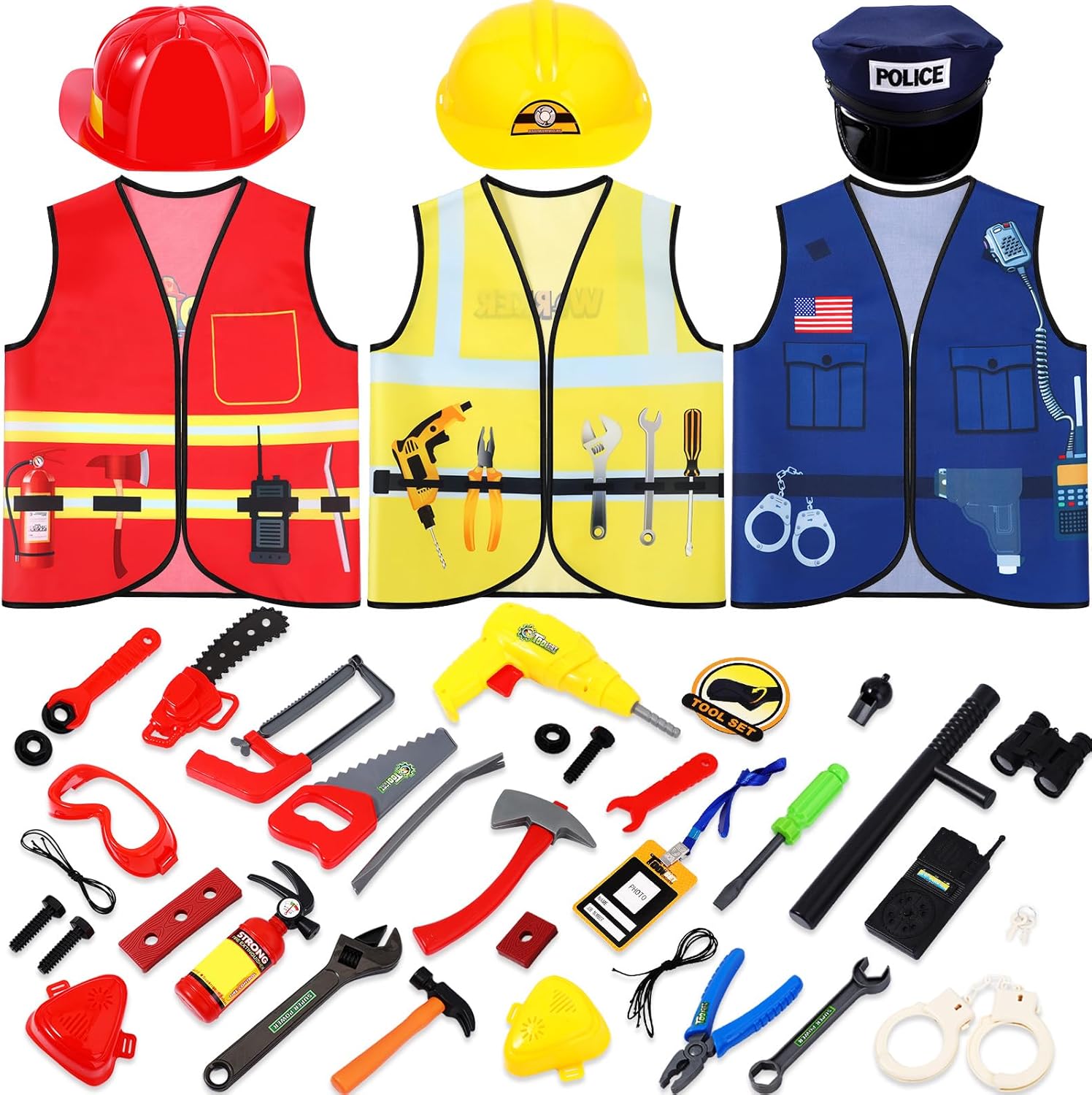 Bonuci 3-7 Years Kids Police Fireman Worker Costumes Set Toys Games