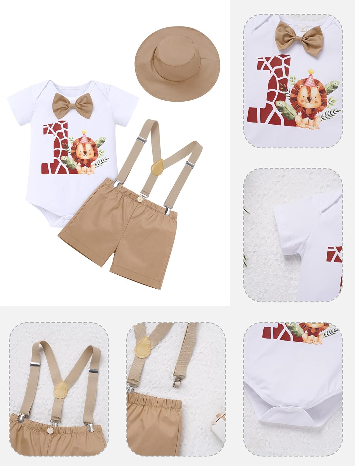 IMEKIS 1st Birthday Outfit Jungle Safari AnimalRomper Suspenders Hat
