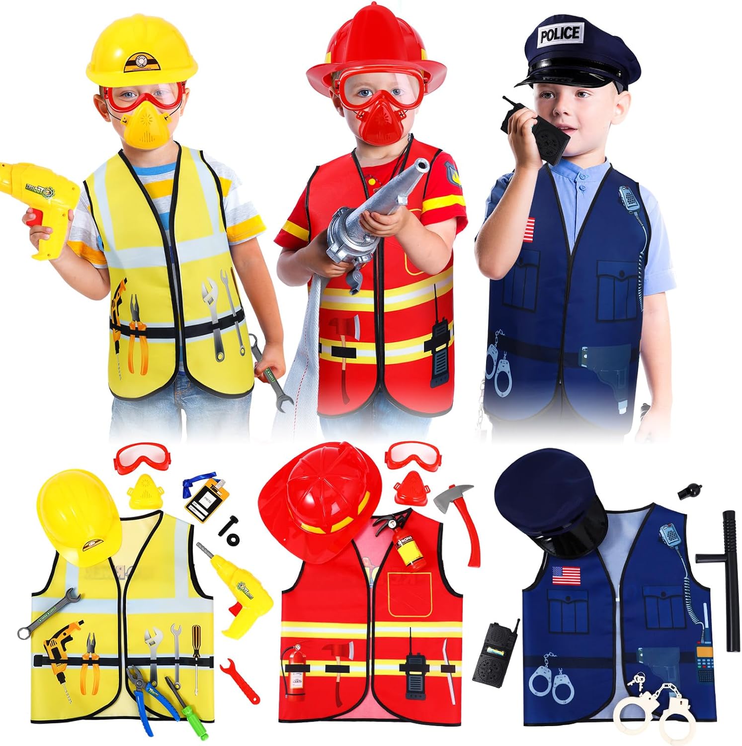 Bonuci 3-7 Years Kids Police Fireman Worker Costumes Set Toys Games