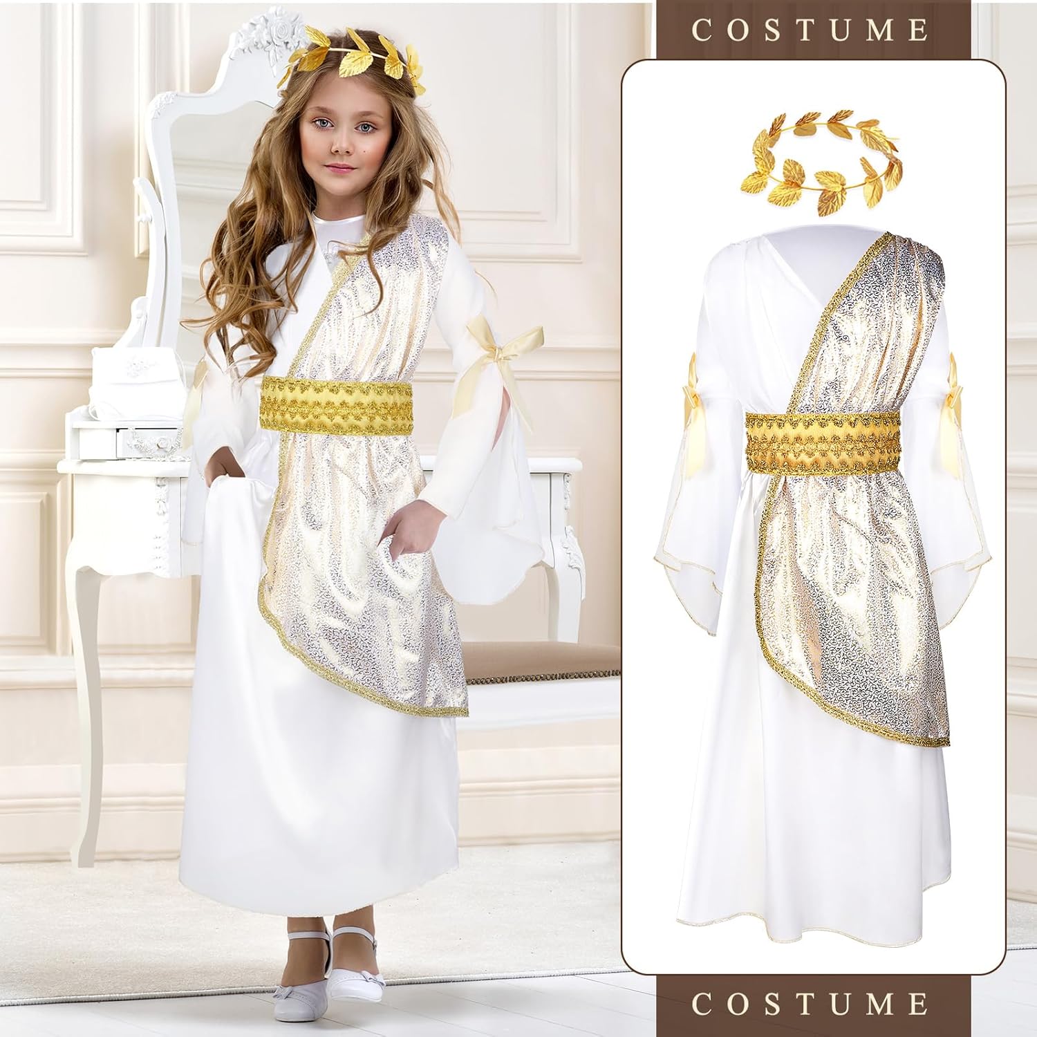 Geyoga 2-Piece Greek Toga Costume Girls Roman Crown with Leaf Wreath Halloween