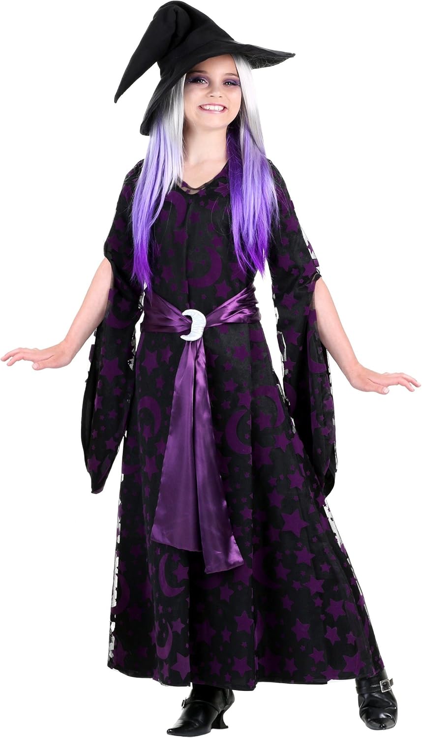 Purple Moon Witch Costume for Girls - Complete Set Belt Overdress and Hat