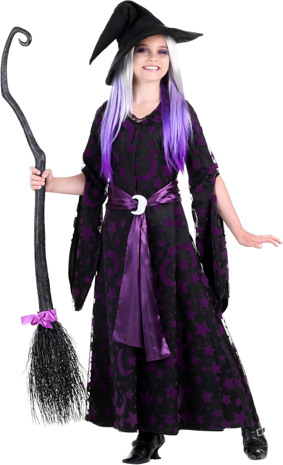 Purple Moon Witch Costume for Girls - Complete Set Belt Overdress and Hat