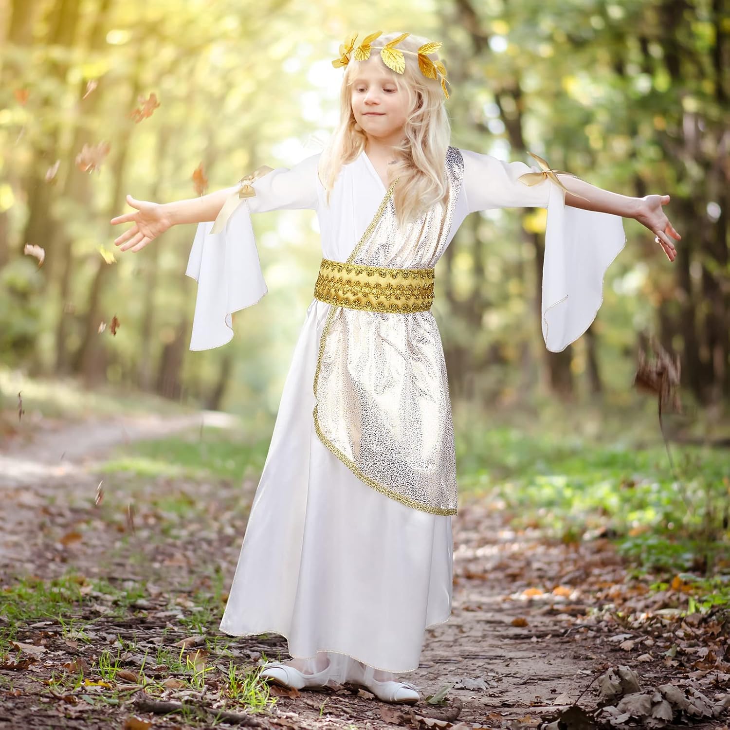 Geyoga 2-Piece Greek Toga Costume Girls Roman Crown with Leaf Wreath Halloween