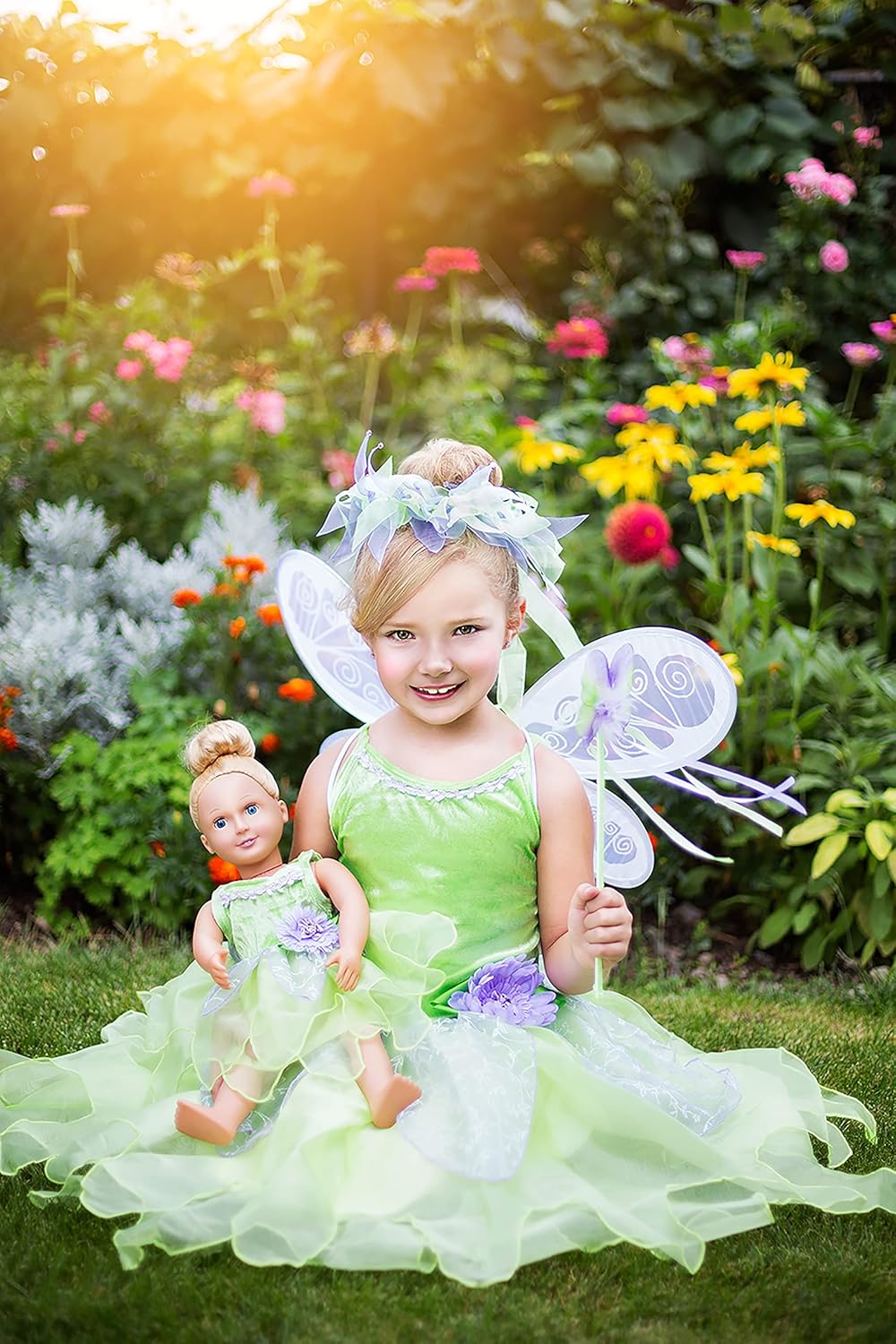 Fairy Princess Costume Set Tinkerbell Dress with Wings Halo and Wand